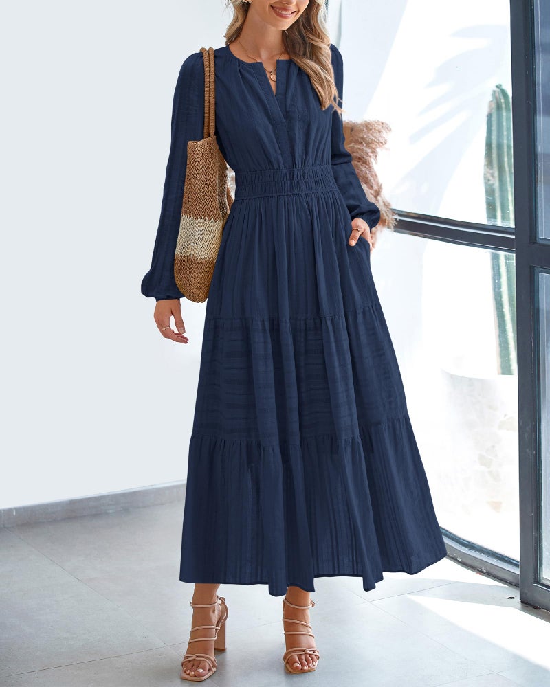 BTFBM Spring Dresses for Women 2026 Casual Long Sleeve V Neck Elastic Waist Lightweight Maxi Wedding Guest Dress Pockets(Navy, X-Large) - Image 2