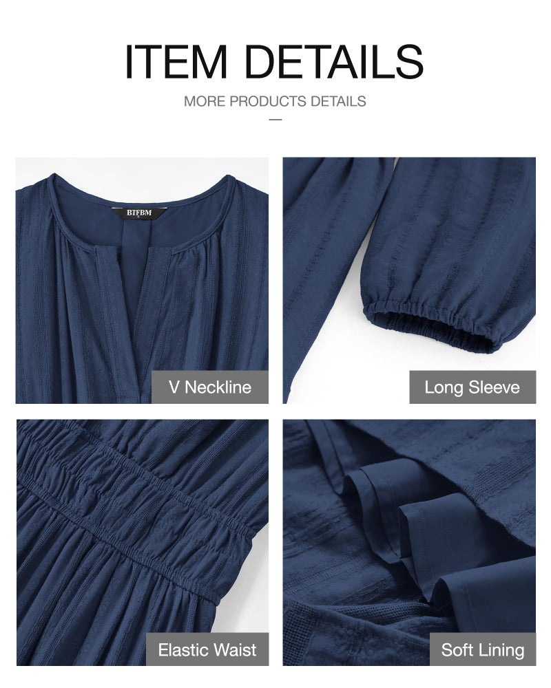 BTFBM Spring Dresses for Women 2026 Casual Long Sleeve V Neck Elastic Waist Lightweight Maxi Wedding Guest Dress Pockets(Navy, X-Large) - Image 4
