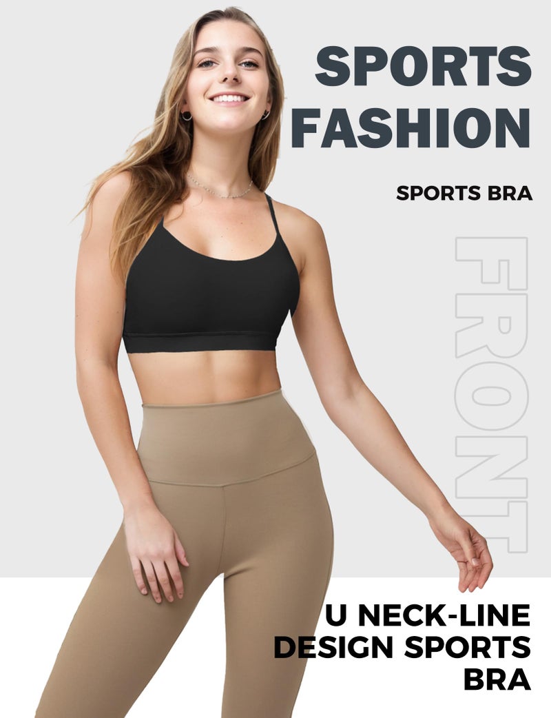 Buauty Sports Bras for Women, Workout Yoga Racerback Low Back Low Impact Gym Halter Tops, White Strappy Padded Spaghetti Strap Running Athletic Outdoor Supportive Backless Bralette Multipack Bras Black M - Image 2