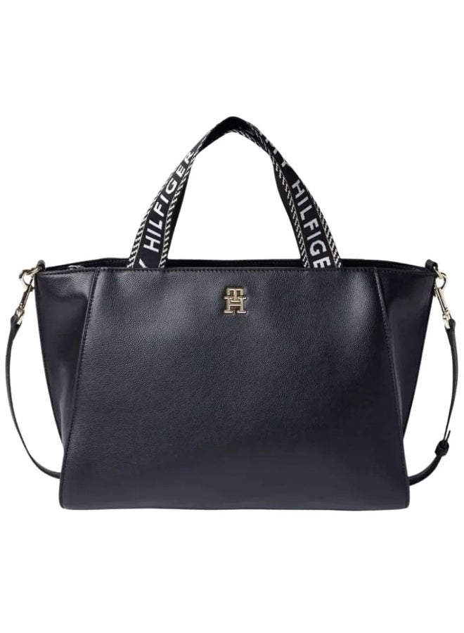 Tommy Hilfiger Black Pebbled Leather Women Shopper Tote Bag with Logo Webbing Handles - Image 1