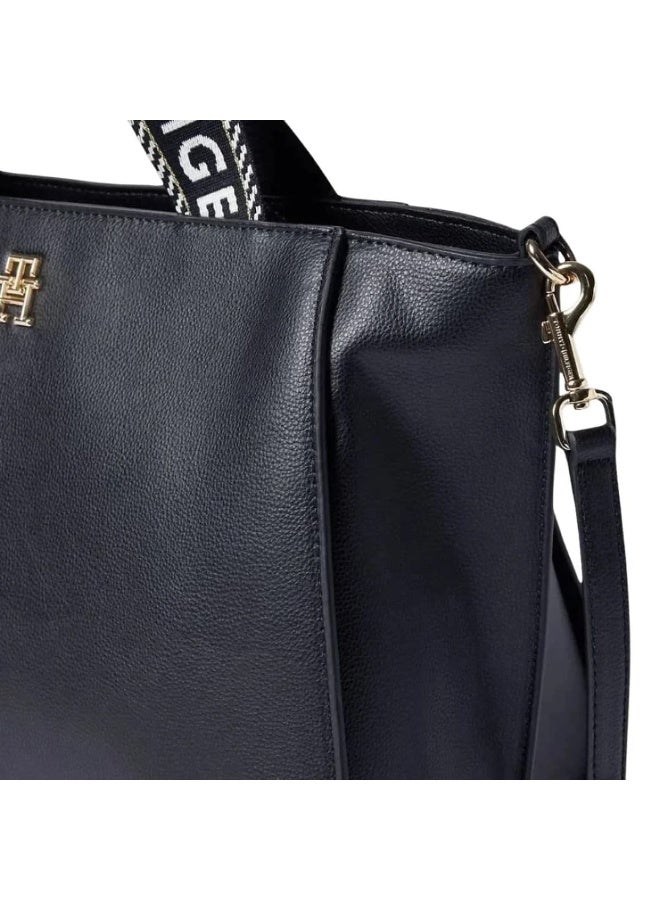 Tommy Hilfiger Black Pebbled Leather Women Shopper Tote Bag with Logo Webbing Handles - Image 3