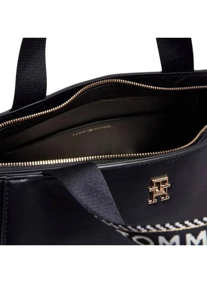 Tommy Hilfiger Black Pebbled Leather Women Shopper Tote Bag with Logo Webbing Handles - Image 2