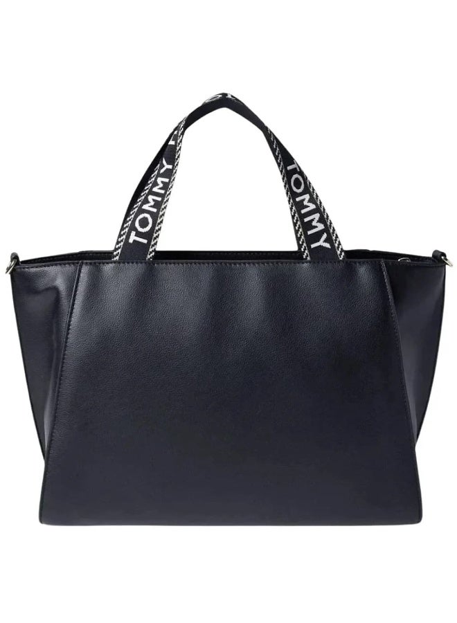 Tommy Hilfiger Black Pebbled Leather Women Shopper Tote Bag with Logo Webbing Handles - Image 5