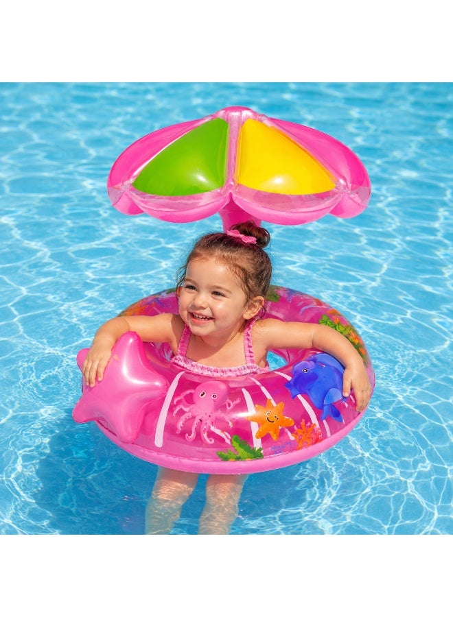 Pink Kids Inflatable Swim Float With Sunshade Canopy For Pool And Beach 64X60Cm Ages 1 To 4 Years - Image 1