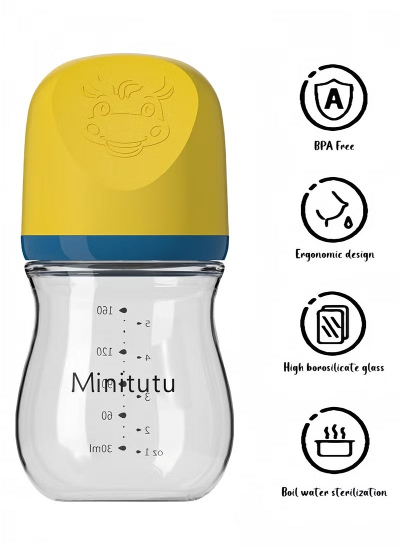 Minitutu Anti-Colic Baby Feeding Bottle with Ultra-Soft Nipple, Easy-to-Clean Wide-Neck Glass, 160ml - Image 1