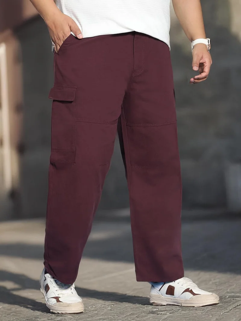 Urbano Plus Men's Maroon Loose Baggy Fit Solid Cargo Chino Pant with 6 Pockets Non-Stretchable