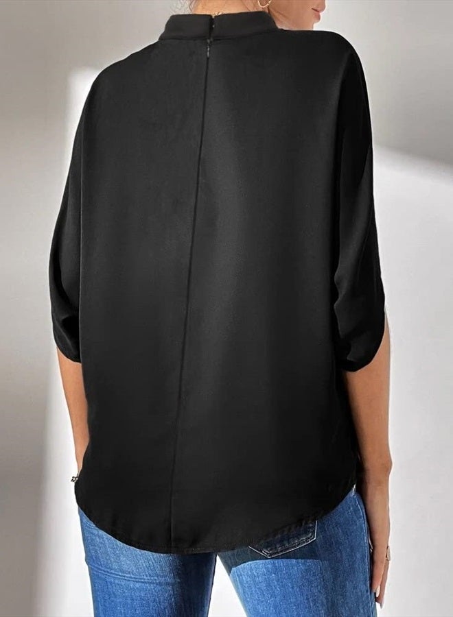 CAMDOM Womens Church Clergy Shirt Tab Collar Pleated Batwing Sleeves Blouse Top Black - Image 2