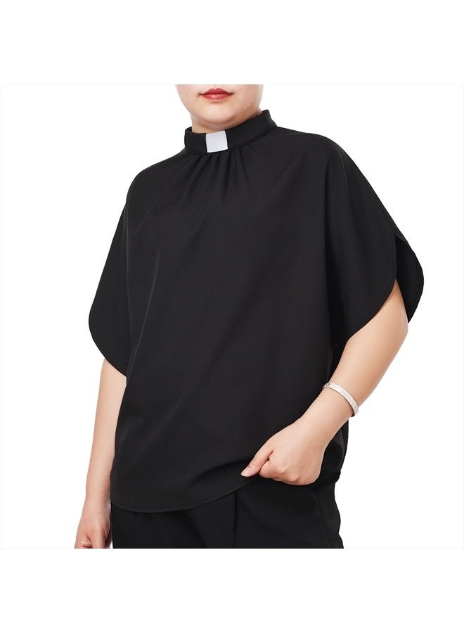 CAMDOM Womens Church Clergy Shirt Tab Collar Pleated Batwing Sleeves Blouse Top Black - Image 3