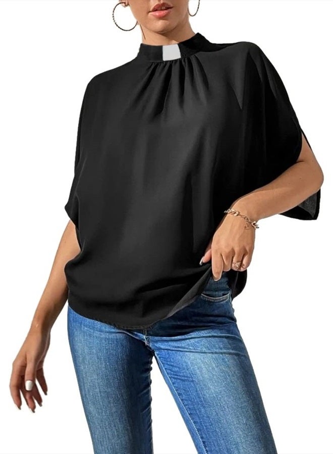 CAMDOM Womens Church Clergy Shirt Tab Collar Pleated Batwing Sleeves Blouse Top Black - Image 1