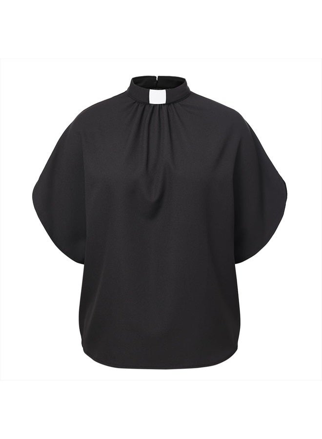 CAMDOM Womens Church Clergy Shirt Tab Collar Pleated Batwing Sleeves Blouse Top Black - Image 4
