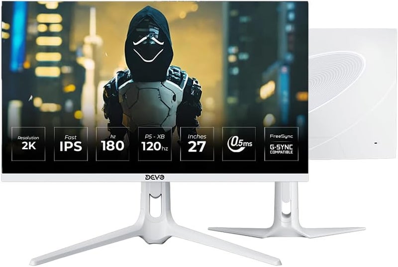 شاشة ألعاب Devo 27 بوصة QHD | DQI27180W | IPS سريع | 2560×1440 | 180 هرتز | 0.5 مللي ثانية | HDR | FreeSync | DisplayPort و HDMI | VESA | أبيض - Image 1