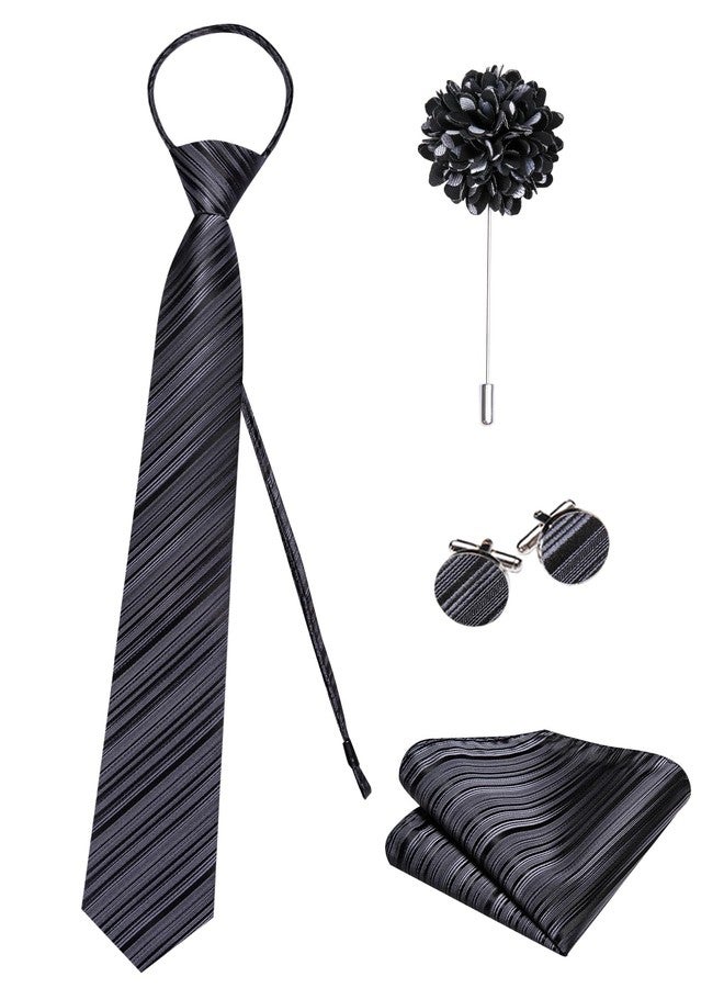 Hi-Tie Mens Zipper Tie Set Lapel Pin Pocket Square And Cufflinks Formal Business Wedding Adjustable Necktie, Black C, M - Image 3