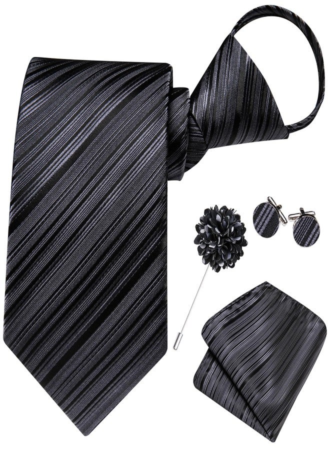 Hi-Tie Mens Zipper Tie Set Lapel Pin Pocket Square And Cufflinks Formal Business Wedding Adjustable Necktie, Black C, M - Image 1