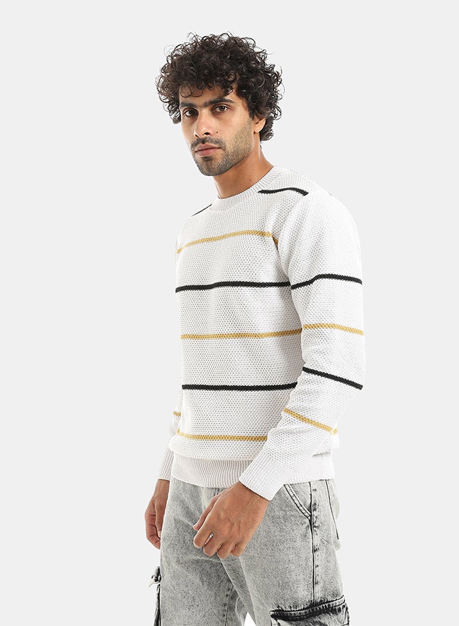 Andora Thin Strapped Round Collar White And Black And Mustard Knitted Pullover-White And Black And Mustard - Image 2