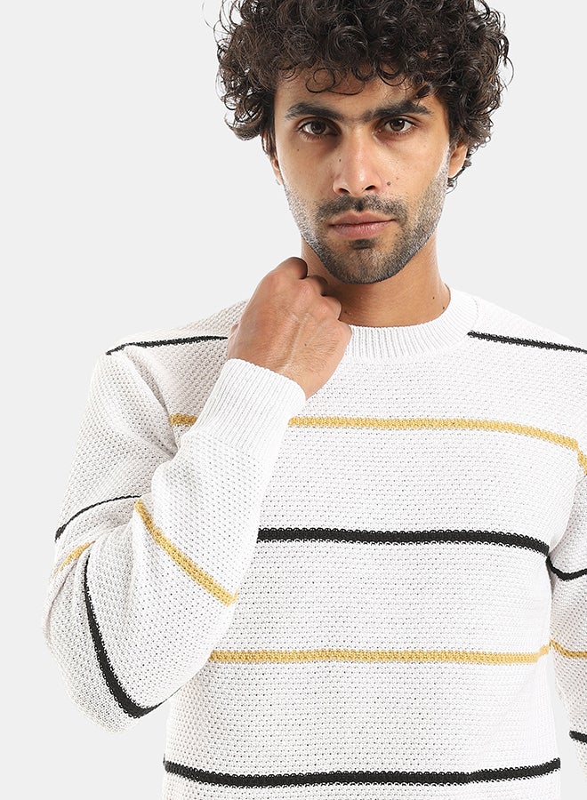 Andora Thin Strapped Round Collar White And Black And Mustard Knitted Pullover-White And Black And Mustard - Image 4