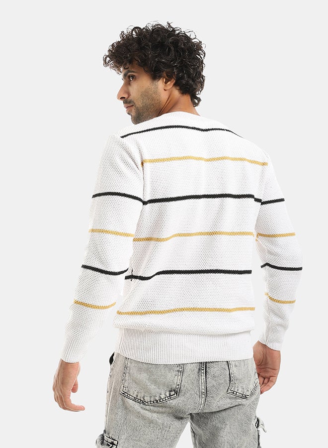 Andora Thin Strapped Round Collar White And Black And Mustard Knitted Pullover-White And Black And Mustard - Image 3
