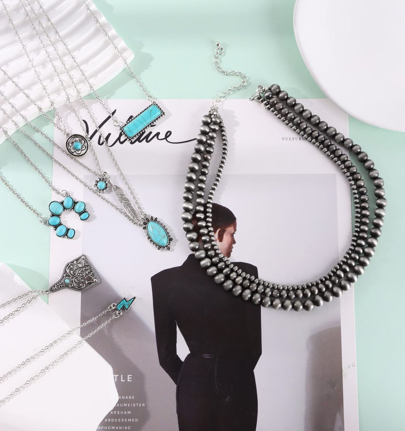 WAINIS 6PCS Western Necklaces for Women Layered Navajo Pearl Necklace Turquoise Cow Lightning Horseshoe Pendant Necklace Cowgirl Boho Set - Image 5