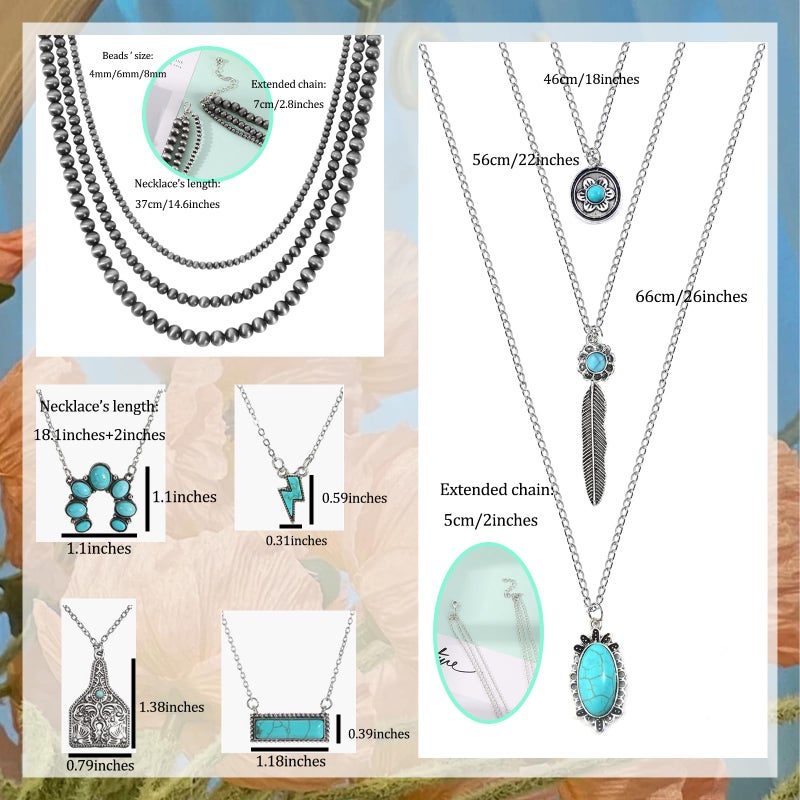 WAINIS 6PCS Western Necklaces for Women Layered Navajo Pearl Necklace Turquoise Cow Lightning Horseshoe Pendant Necklace Cowgirl Boho Set - Image 2
