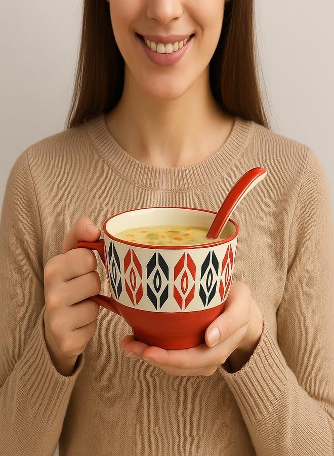 KITTENS Handcrafted Ceramic Soup Bowl Set of 4 with Spoons | 300ml | Red & Black Ethnic Print | Microwave & Dishwasher Safe | Indian Pottery Style for Soup, Noodles & Snacks - Image 3