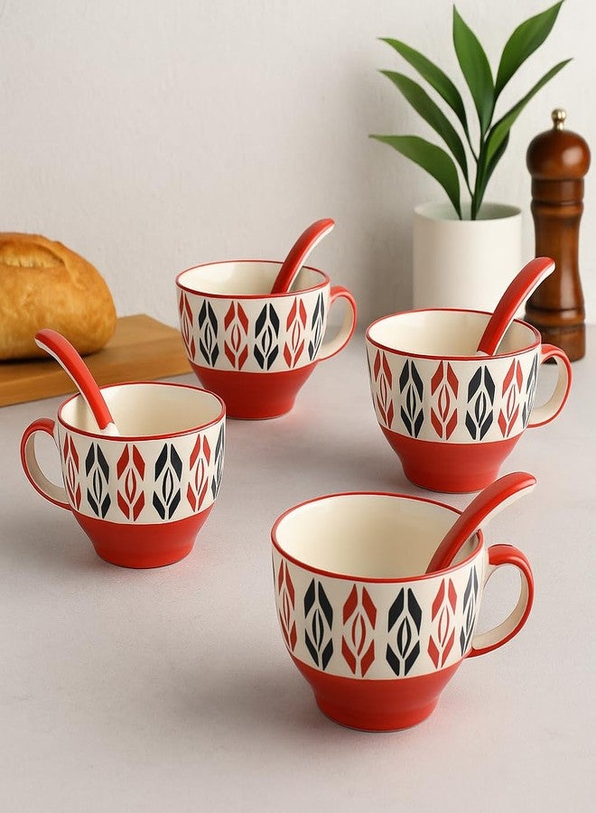 KITTENS Handcrafted Ceramic Soup Bowl Set of 4 with Spoons | 300ml | Red & Black Ethnic Print | Microwave & Dishwasher Safe | Indian Pottery Style for Soup, Noodles & Snacks - Image 1