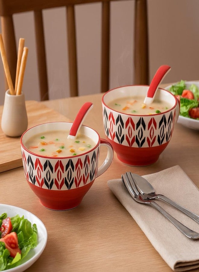 KITTENS Handcrafted Ceramic Soup Bowl Set of 4 with Spoons | 300ml | Red & Black Ethnic Print | Microwave & Dishwasher Safe | Indian Pottery Style for Soup, Noodles & Snacks - Image 2