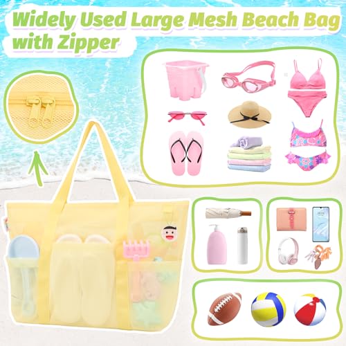 Tagitary Mesh Beach Bag with Zipper and 8 Pockets, Yellow Large Beach Tote Waterproof Sandproof for Camping Sports Pool Swim Bag Foldable Beach Accessories Toys Storage Travel Bag - Image 3