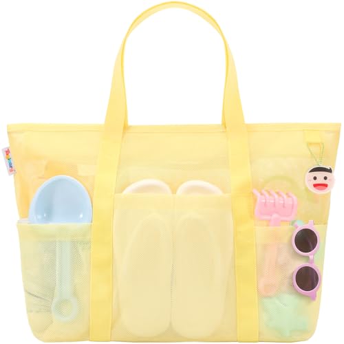 Tagitary Mesh Beach Bag with Zipper and 8 Pockets, Yellow Large Beach Tote Waterproof Sandproof for Camping Sports Pool Swim Bag Foldable Beach Accessories Toys Storage Travel Bag - Image 1