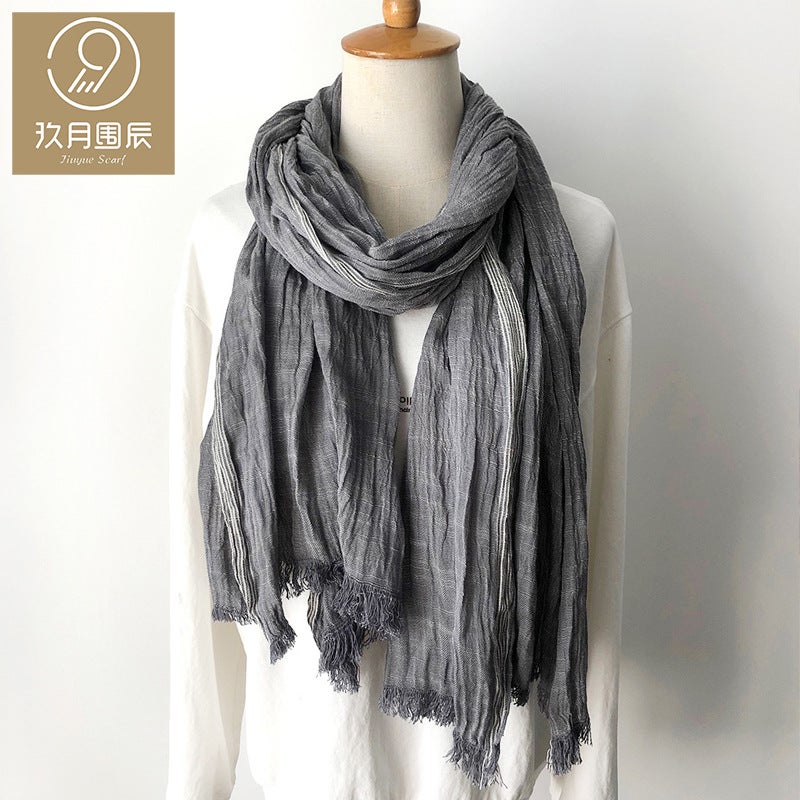 Solid Color Men'S Scarf Japanese And Korean Striped Decorative Scarves Cotton And Linen Scarf Tide - Image 2