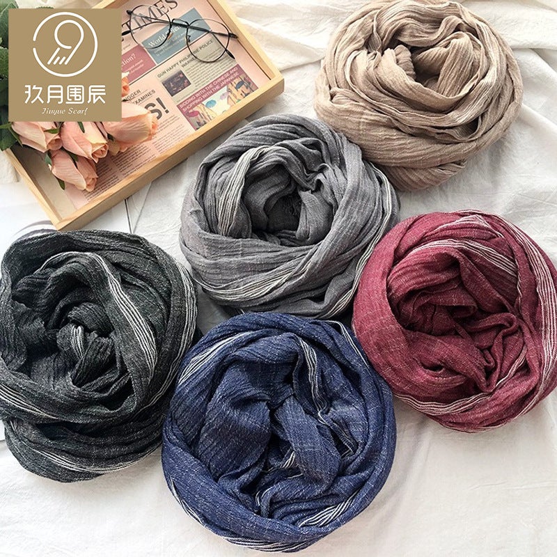 Solid Color Men'S Scarf Japanese And Korean Striped Decorative Scarves Cotton And Linen Scarf Tide - Image 3