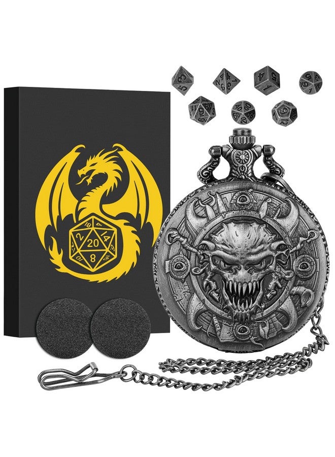 Keller & Weber Mini DND Dice Set with Steampunk Warlock Skull Pocket Watch Case, Tiny 7PCS Polyhedral Metal D&D Dice, DND Gifts with Gift Box, Gothic Gifts, Role Playing Game Board Game Accessories Dice, Dark Silver - Image 1