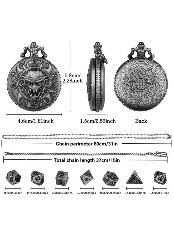 Keller & Weber Mini DND Dice Set with Steampunk Warlock Skull Pocket Watch Case, Tiny 7PCS Polyhedral Metal D&D Dice, DND Gifts with Gift Box, Gothic Gifts, Role Playing Game Board Game Accessories Dice, Dark Silver - Image 5