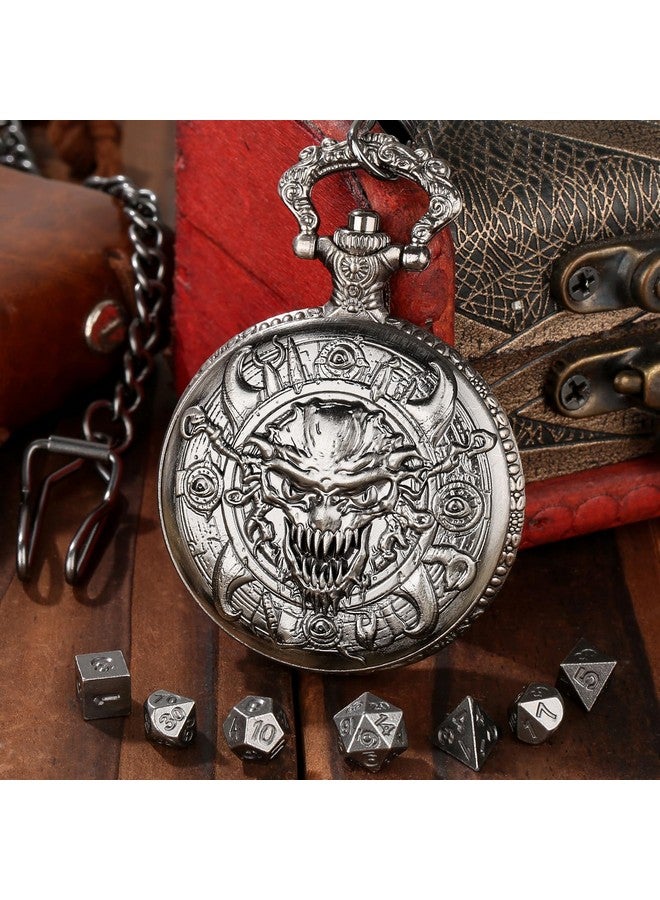 Keller & Weber Mini DND Dice Set with Steampunk Warlock Skull Pocket Watch Case, Tiny 7PCS Polyhedral Metal D&D Dice, DND Gifts with Gift Box, Gothic Gifts, Role Playing Game Board Game Accessories Dice, Dark Silver - Image 4