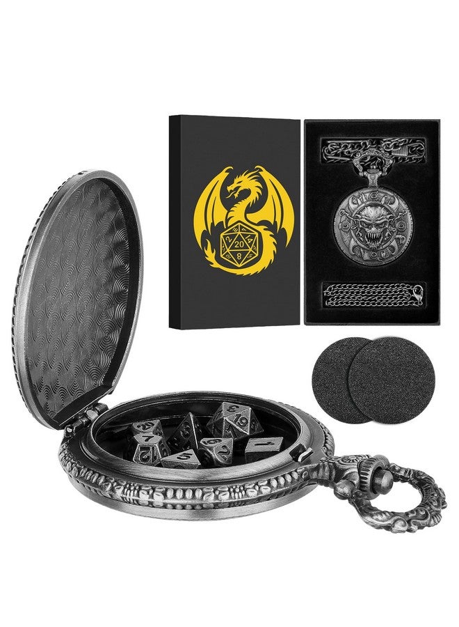 Keller & Weber Mini DND Dice Set with Steampunk Warlock Skull Pocket Watch Case, Tiny 7PCS Polyhedral Metal D&D Dice, DND Gifts with Gift Box, Gothic Gifts, Role Playing Game Board Game Accessories Dice, Dark Silver - Image 2