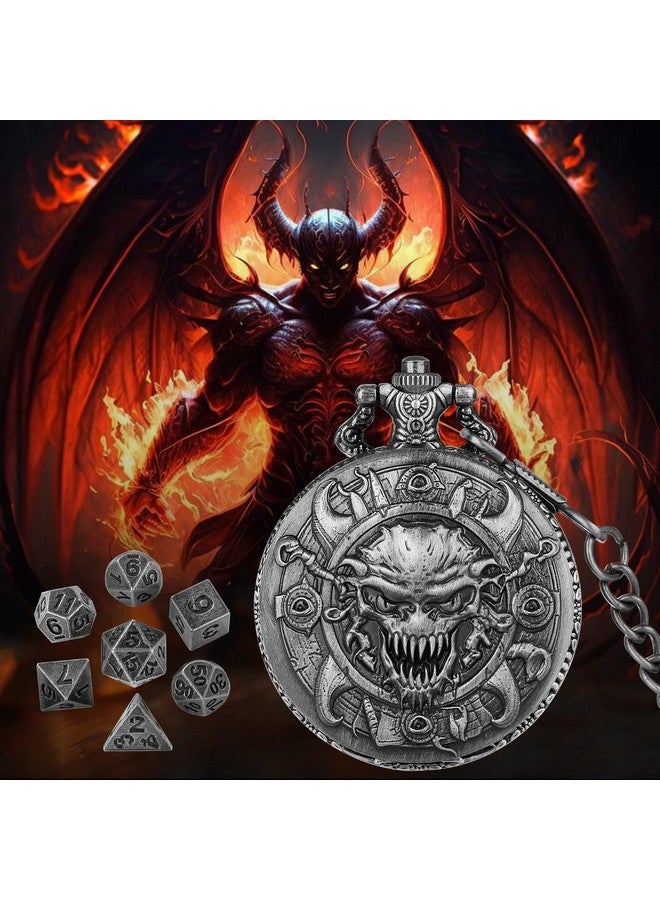 Keller & Weber Mini DND Dice Set with Steampunk Warlock Skull Pocket Watch Case, Tiny 7PCS Polyhedral Metal D&D Dice, DND Gifts with Gift Box, Gothic Gifts, Role Playing Game Board Game Accessories Dice, Dark Silver - Image 3