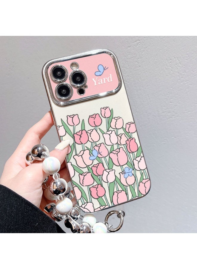 NIBEMINENT Electroplated Flowers Protective TPU Case Cover For iPhone 15 Pro Max, Garden With Silver Heart Beads - Image 1