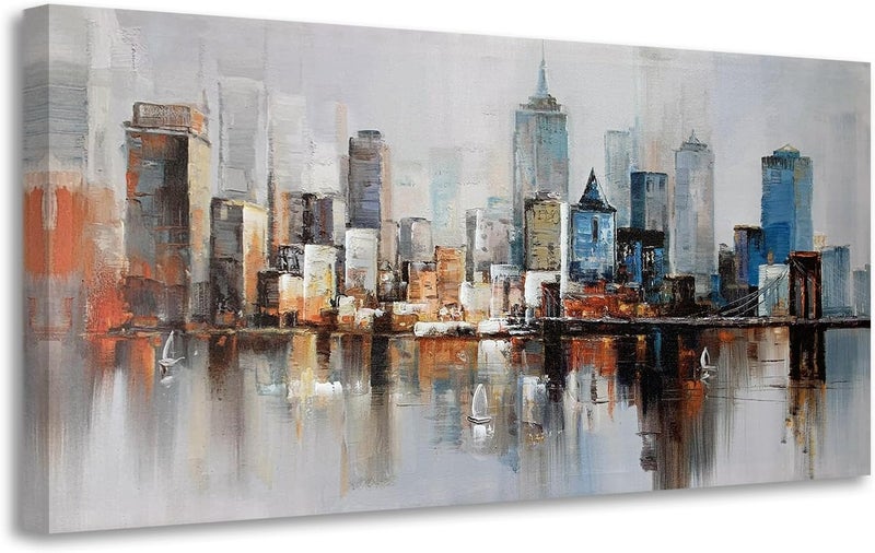 Arjun Brooklyn Bridge Wall Art Modern New York City Abstract Canvas Cityscape Painting Large Size Framed, Colorful NYC Skyline Textured Picture for Living Room Bedroom Home Office Wall Decor, 40"x20" - Image 1
