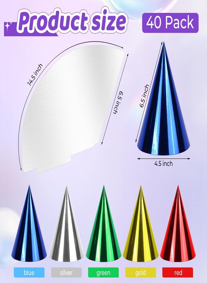 WEOXPR 40 Pack Colorful Birthday Party Hats for Kids，Small Metallic Foil Cone Hat Party Favors Headwear Adults Paper Party Hats Bulk in Red, Green, Gold, Silver and Blue(40 Pack color hats-5 Colors) - Image 2