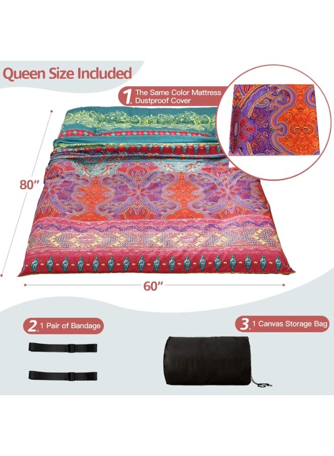 MAXYOYO Bohemian Futon Floor Mattress Boho Floral Style Japanese Futon Mattress Tatami Floor Mat Foldable Bed Portable Camping Mattress Sleeping Pad Floor Lounger Couch Bed, Queen (152x200cm) - Image 3