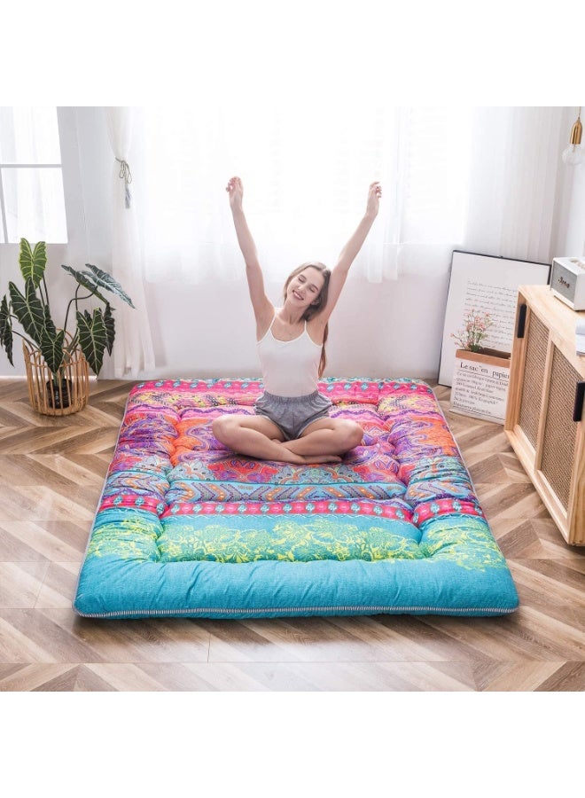 MAXYOYO Bohemian Futon Floor Mattress Boho Floral Style Japanese Futon Mattress Tatami Floor Mat Foldable Bed Portable Camping Mattress Sleeping Pad Floor Lounger Couch Bed, Queen (152x200cm) - Image 5