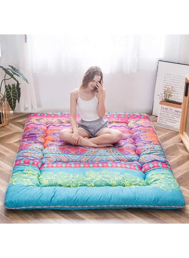 MAXYOYO Bohemian Futon Floor Mattress Boho Floral Style Japanese Futon Mattress Tatami Floor Mat Foldable Bed Portable Camping Mattress Sleeping Pad Floor Lounger Couch Bed, Queen (152x200cm) - Image 1