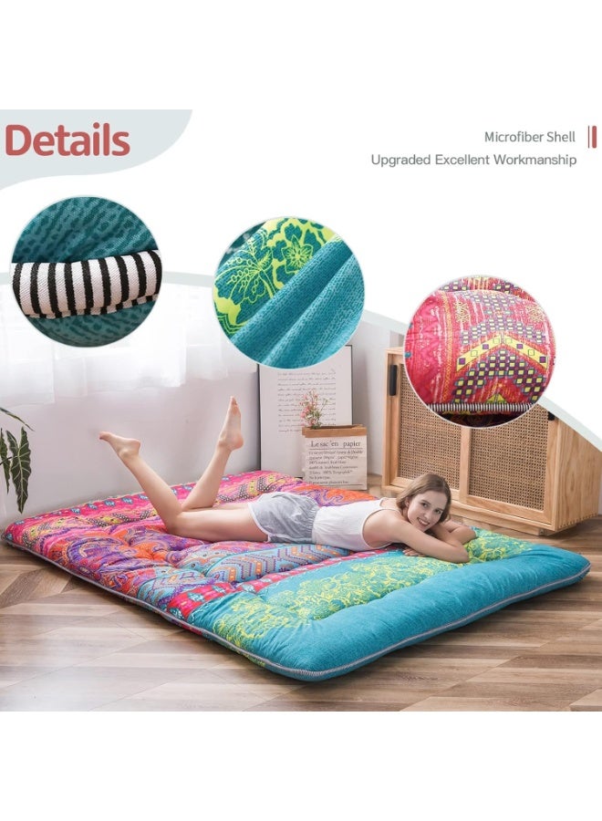 MAXYOYO Bohemian Futon Floor Mattress Boho Floral Style Japanese Futon Mattress Tatami Floor Mat Foldable Bed Portable Camping Mattress Sleeping Pad Floor Lounger Couch Bed, Queen (152x200cm) - Image 4