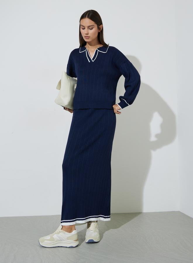 Styli Navy Blue Contrast Trims A-Line Maxi Skirt - Image 2
