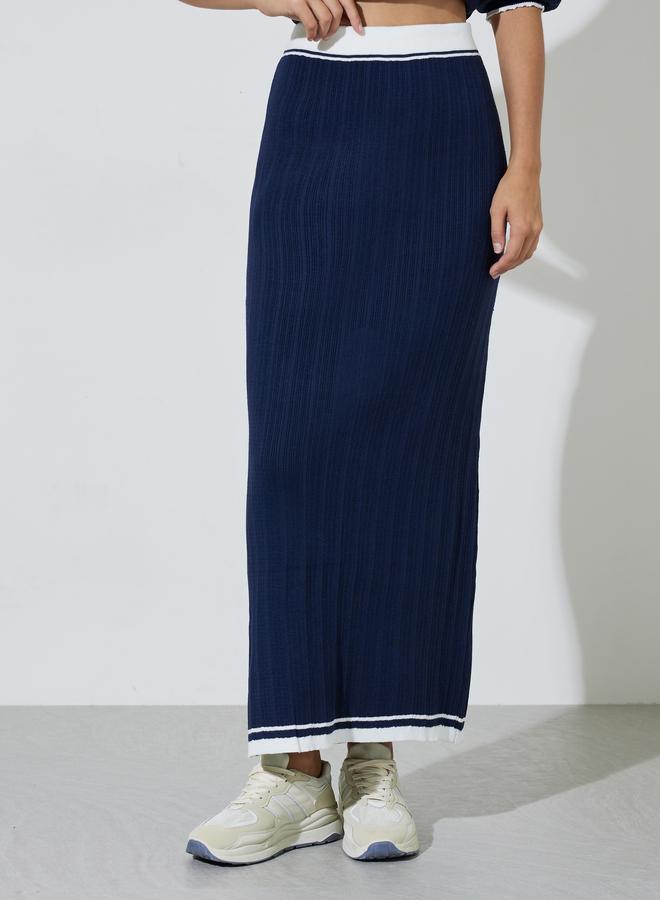 Styli Navy Blue Contrast Trims A-Line Maxi Skirt - Image 1
