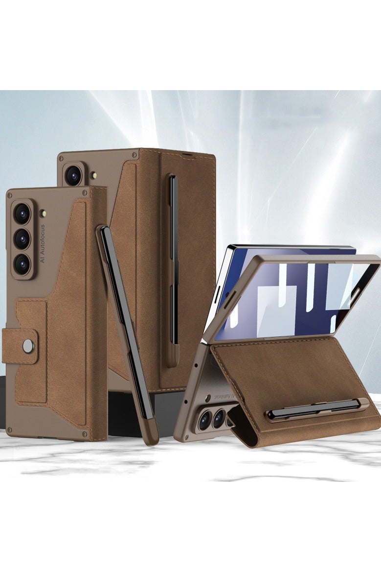 عام غطاء جالكسي Z فولد 7 بحامل قلم S - غطاء جلدي طبيعي مع فتحة قلم قابلة للإزالة، حامل بطاقات، حامل قابل للطي، وواقي شاشة.