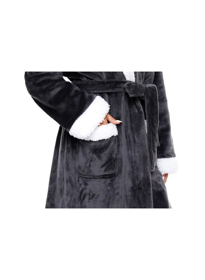 iniber Plush Robes for Women, Womens Robe Long, Fuzzy Fluffy Soft Warm Fleece Hooded Bathrobe, L F01 Gray, XL - Image 4