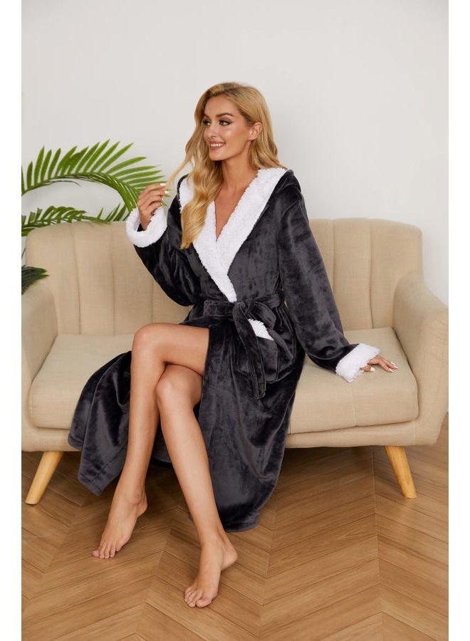 iniber Plush Robes for Women, Womens Robe Long, Fuzzy Fluffy Soft Warm Fleece Hooded Bathrobe, L F01 Gray, XL - Image 3