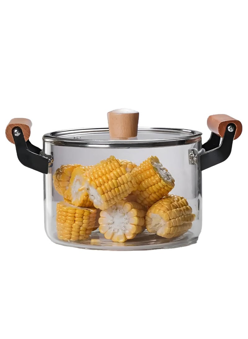 Reko 4.5L Kitchen Cooking Saucepan With Lid And Double Wooden Handle Glass Saucepan with Cover, Heat-resistant Glass Stovetop Clear Cooktop Safe for Pasta Noodle, Soup, Milk, Baby Food making or Heating - Image 1