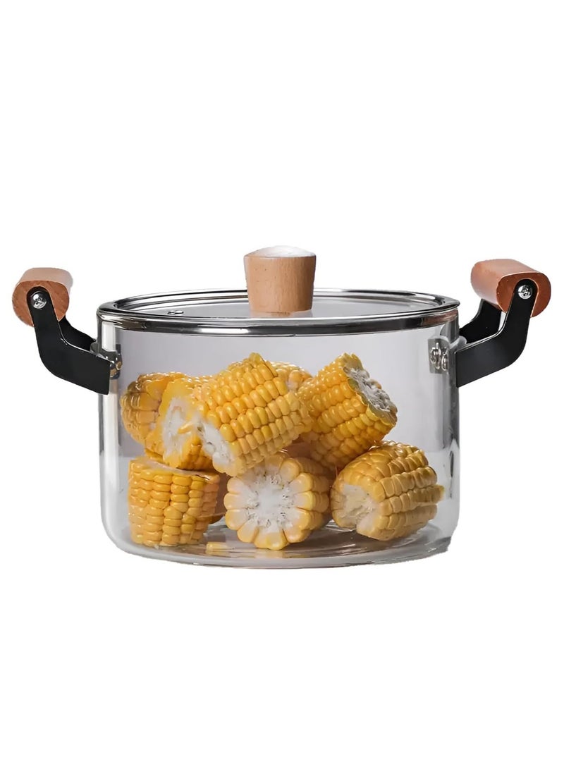 Reko 3.5L Kitchen Cooking Saucepan With Lid And Double Wooden Handle Glass Saucepan with Cover, Heat-resistant Glass Stovetop Clear Cooktop Safe for Pasta Noodle, Soup, Milk, Baby Food making or Heating - Image 1