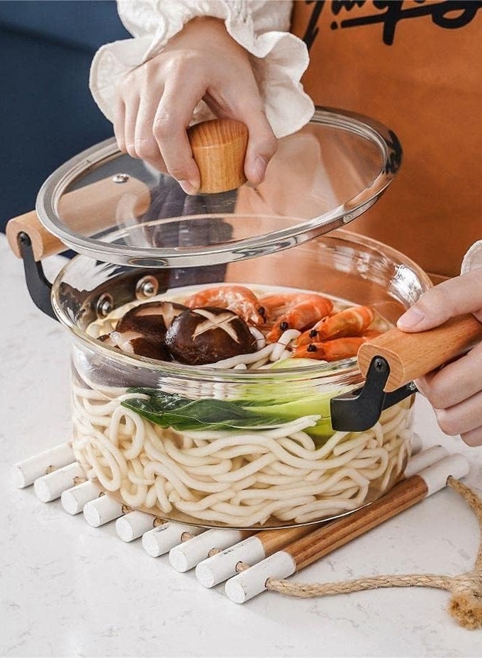 Reko 3.5L Kitchen Cooking Saucepan With Lid And Double Wooden Handle Glass Saucepan with Cover, Heat-resistant Glass Stovetop Clear Cooktop Safe for Pasta Noodle, Soup, Milk, Baby Food making or Heating - Image 2
