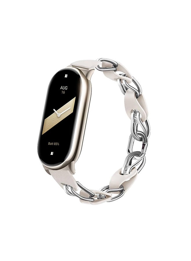 O Ozone Bands Compatible with Xiaomi Smart Band 8 Strap, Stainless Steel Leather Ring Chain Belt Replacement Watch Band for Women - Silver & Black  - Image 1